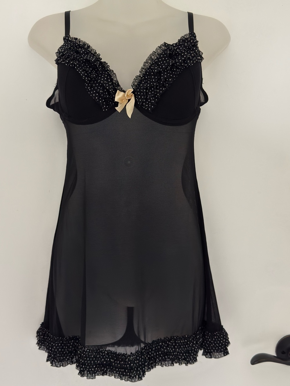Marilyn Monroe Black Sheer Mesh Polka Dot Ruffle Babydoll Nightgown fairy grunge